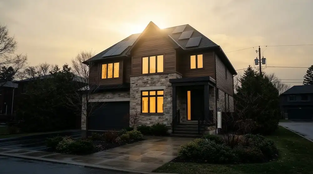 Same house lit up with solar panels and a home battery